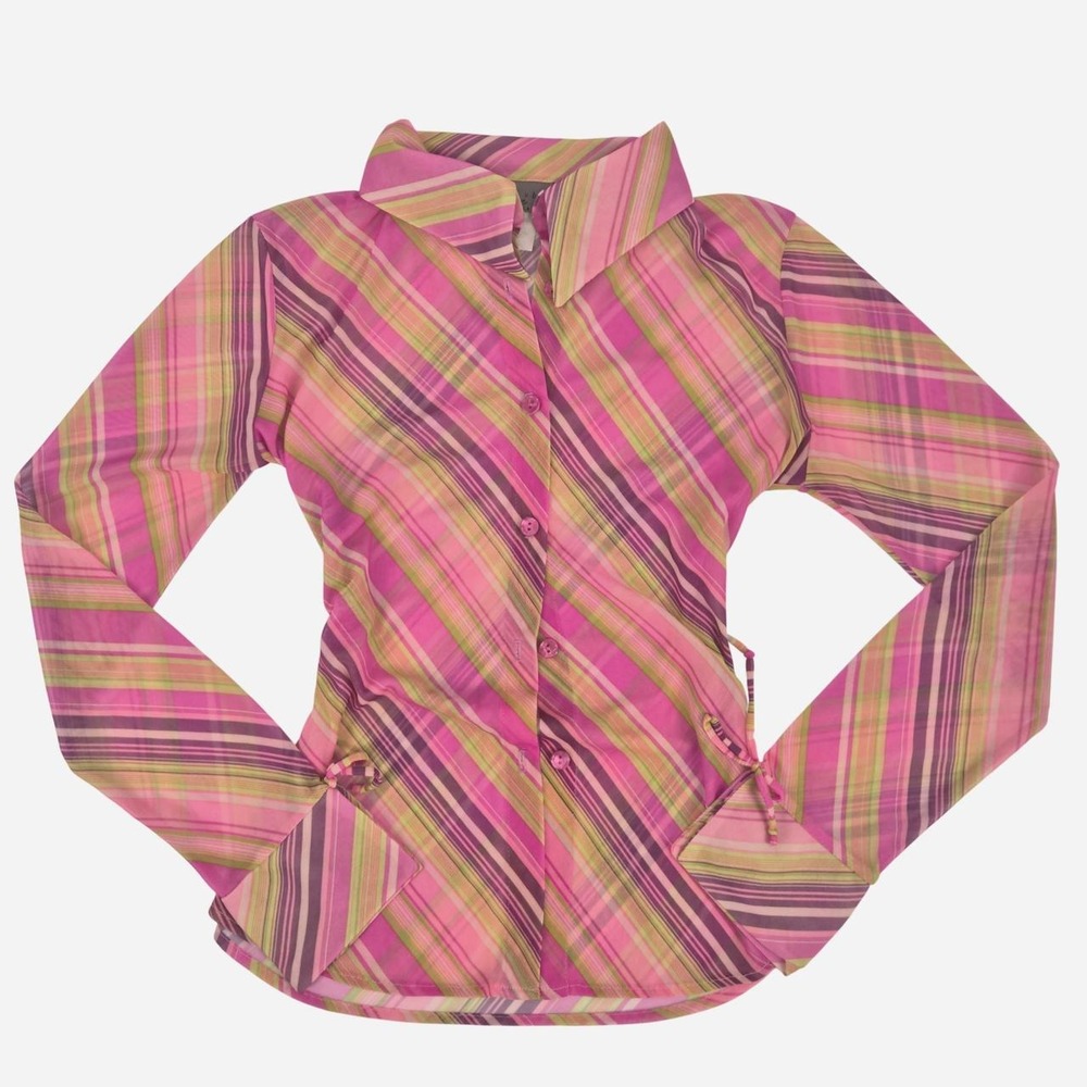 Y2k sheer vintage colorful button down blouse with diagonal stripes